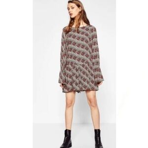 Zara Trafaluc Collection Long Ruffle Sleeve Red & Black Floral Print Romper XS